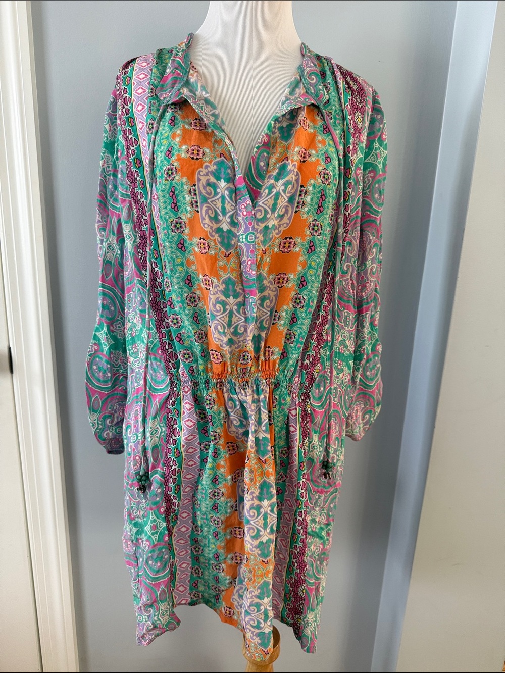 Boho Print V-Neck Tunic Dress in Teal & Orange